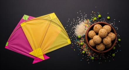 Colorful Kites and Traditional Sesame Sweet Treats for Festival