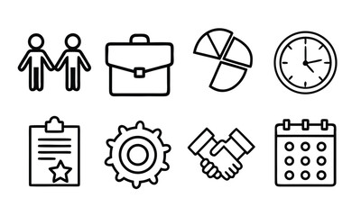 A set of business icons including people, briefcase, and calendar on a white background