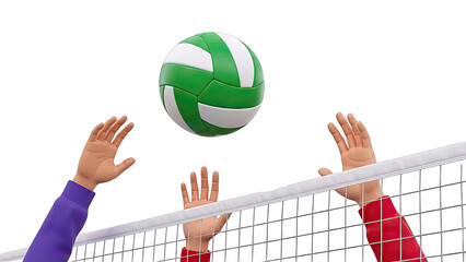 Volleyball Game Play: Hands Reaching for Ball Over Net