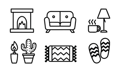 A collection of cozy home icons including furniture and decor for a warm atmosphere