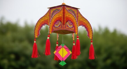 Vibrant Indian Decor: Hanging Ornament, Colorful Kite, and Red Tassels