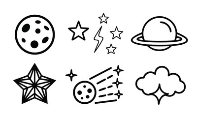 A black and white illustration of various celestial objects and symbols in space