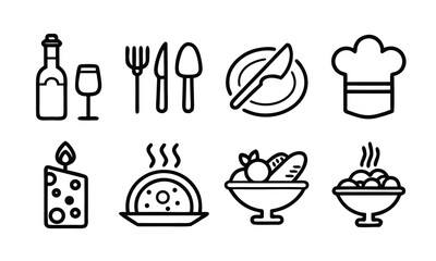 A set of black and white icons depicting various food and dining related objects