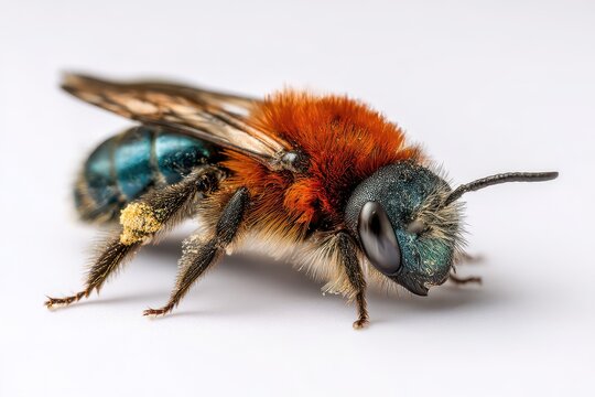 Macro photograph of a red mason bee Osmia bicornis isolated on a white background