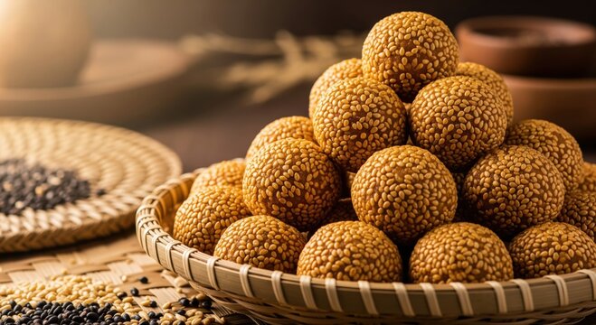 Traditional Indian Sweet Sesame Balls (Til Ladoo) in Woven Basket