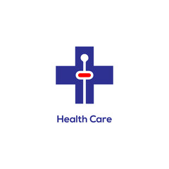 Modern health care logo icon with a blue medical cross and digital pill element for hospital technology and pharmacy
