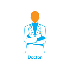 Professional male doctor avatar icon with stethoscope for healthcare hospital and medical clinic services in blue and orange colors
