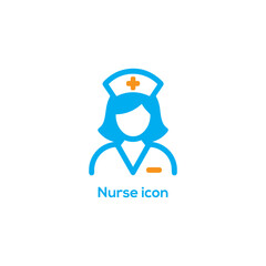 Professional nurse icon logo featuring a blue female medical worker avatar with orange cross for healthcare and hospital service
