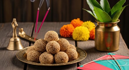 Makar Sankranti Delights: Til Gul Ladoo with Traditional Festival Setup