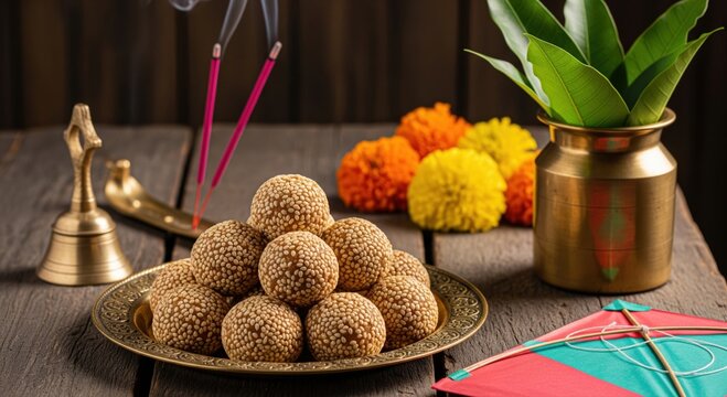 Makar Sankranti Delights: Til Gul Ladoo with Traditional Festival Setup