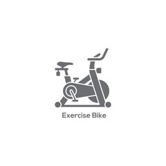 Minimalist gray exercise bike logo icon featuring a stationary cycling machine for fitness gym training and healthy active sports.
