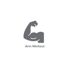 Minimalist grey arm workout logo icon featuring a strong muscular flexed bicep silhouette for fitness gym bodybuilding and health.
