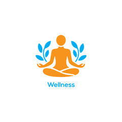 Modern wellness logo icon with an orange yoga meditation figure and blue nature leaves for holistic health and relaxation.
