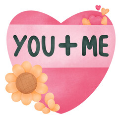 Watercolor Valentine heart with &ldquo;You + Me&rdquo; text, ideal for Valentine&rsquo;s Day designs, romantic quotes, and love branding.