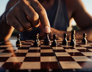 Close-up view of a man&rsquo;s hand holding a chess piece, symbolizing strategy, leadership, decision making, and critical thinking. Concept of planning, intelligence, and business strategy.