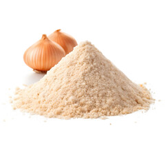 A close-up image of onion powder, a finely ground spice, with two whole onions placed beside it on a transparent background.