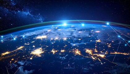 Earth from space at night with connecting lights, against stellar sky