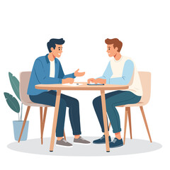 Fototapeta premium Two men engaged in conversation while seated at a small table