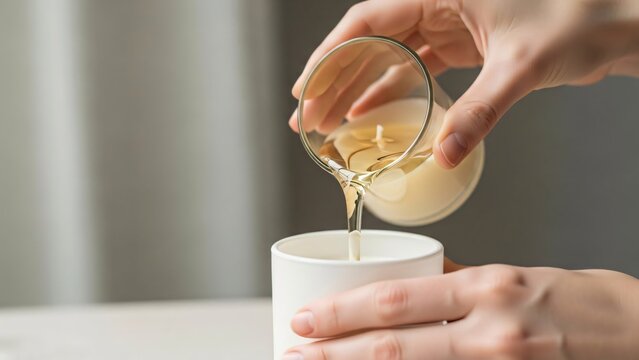 Close up of hands pouring liquid wax from glass beaker into candle container with neutral beige aesthetic.