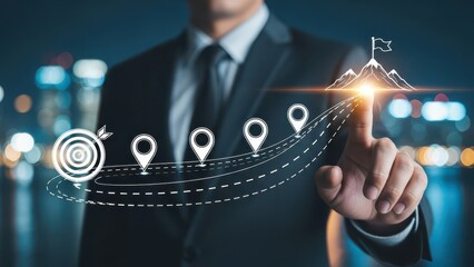 Business and Project Roadmap Concept. Touching on virtual screen with roadmap overlay representing steps in a project or strategic planning process. Waypoint icons and ends with goal achievement.