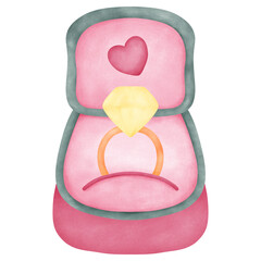 Watercolor Cute hand-drawn wedding ring box with heart symbol in a soft Valentine style, perfect for love timing, romance concepts, and sweet designs.