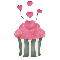 Watercolor cupcake topped with hearts, perfect for Valentine&rsquo;s Day desserts, love designs, and sweet decorations.