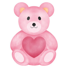 Watercolor teddy bear holding a heart in a soft Valentine illustration style, perfect for love gifts, cards, and cute designs.