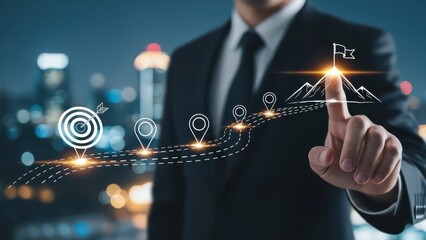 Business and Project Roadmap Concept. Touching on virtual screen with roadmap overlay representing steps in a project or strategic planning process. Waypoint icons and ends with goal achievement.