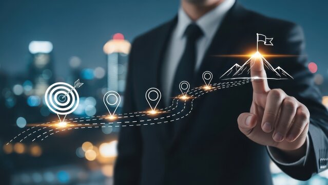 Business and Project Roadmap Concept. Touching on virtual screen with roadmap overlay representing steps in a project or strategic planning process. Waypoint icons and ends with goal achievement.
