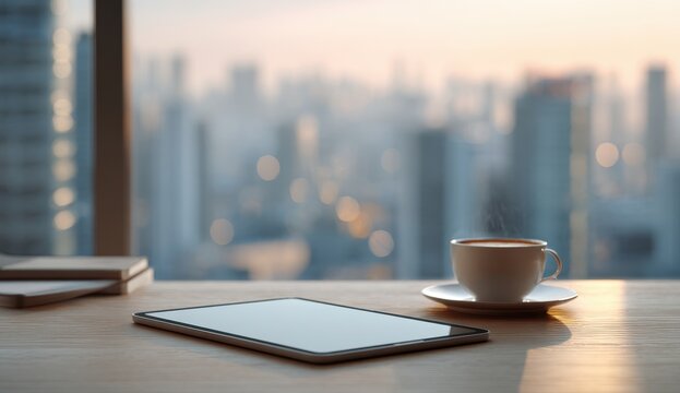 Golden Hour City View - Tablet and Coffee on Desk, Modern Urban Workspace. - Powered by Adobe
