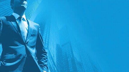 Blue Tone Businessman with Skyscraper Background - Professional Business Scene Material
