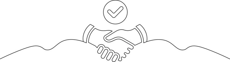 Obraz premium Simple line art illustration of a handshake with checkmark symbolizing agreement and partnership on a clean white background with business