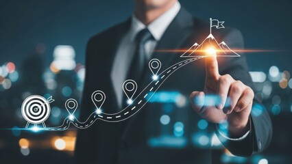 Business and Project Roadmap Concept. Touching on virtual screen with roadmap overlay representing steps in a project or strategic planning process. Waypoint icons and ends with goal achievement.
