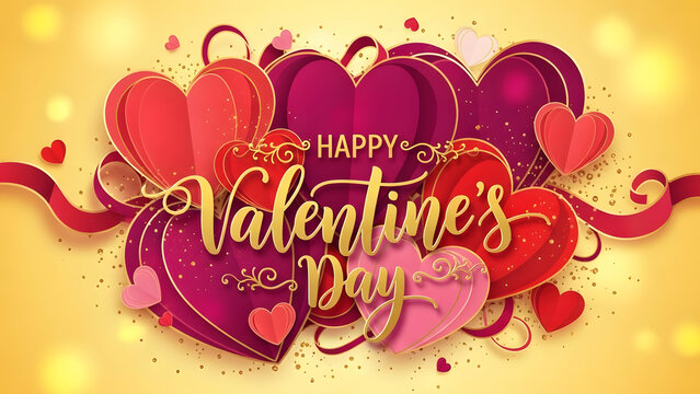 Happy Valentine's Day with colorful hearts and gold text