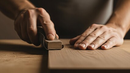 Professional Carpentry Concept Featuring Hand Sanding Technique for Wood Surface Preparation