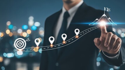 Business and Project Roadmap Concept. Touching on virtual screen with roadmap overlay representing steps in a project or strategic planning process. Waypoint icons and ends with goal achievement.