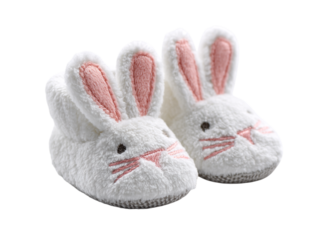 Adorable white bunny slippers with pink details on black background