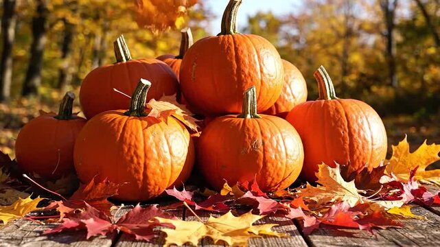 Vibrant orange pumpkins scattered on rustic wood planks with colorful autumn leaves