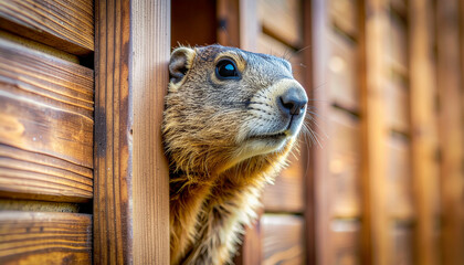 Groundhog Day Close-Up of Curious Groundhog Peeking from Wooden Fence