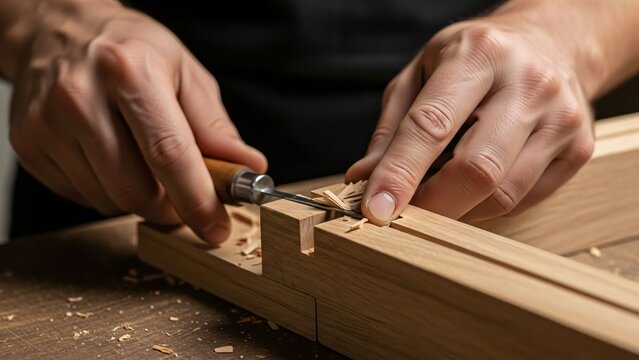 Close up of a woodworker's hands using a chisel to carve a precise mortise in a wooden beam.
