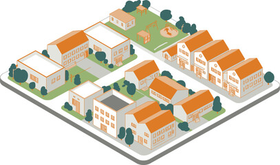 Isometric neighborhood illustration, residential town block with houses streets trees school playground, urban planning concept, city community vector design
