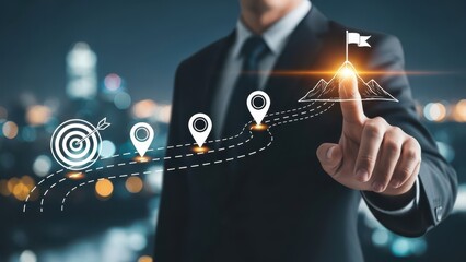 Business and Project Roadmap Concept. Touching on virtual screen with roadmap overlay representing steps in a project or strategic planning process. Waypoint icons and ends with goal achievement.