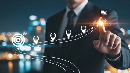 Business and Project Roadmap Concept. Touching on virtual screen with roadmap overlay representing steps in a project or strategic planning process. Waypoint icons and ends with goal achievement.