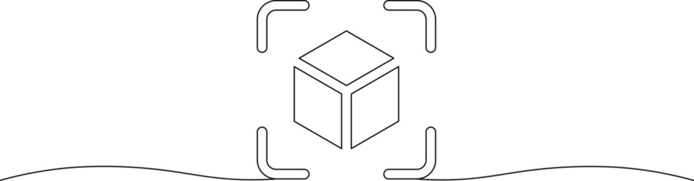 Minimalist outline illustration of a 3d cube within a digital scanning frame or augmented reality interface representing virtual objects and digital transformation concepts