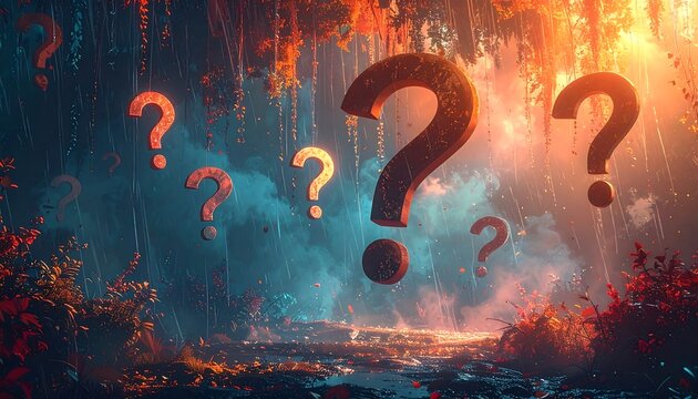 Dreamy scene with question marks floating over a luminous landscape