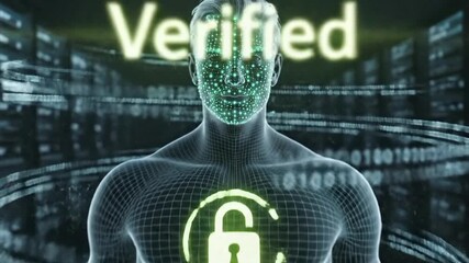 Digital futuristic human figure with glowing facial grid and chest symbol surrounded by data streams, digital wireframe hand with fingerprint scan and glowing light, digital human face with glowing - Powered by Adobe