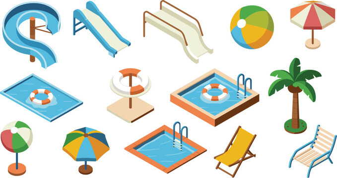 Isometric swimming pool and water park icons set, summer leisure slides floats umbrellas palm trees, vacation recreation vector illustration