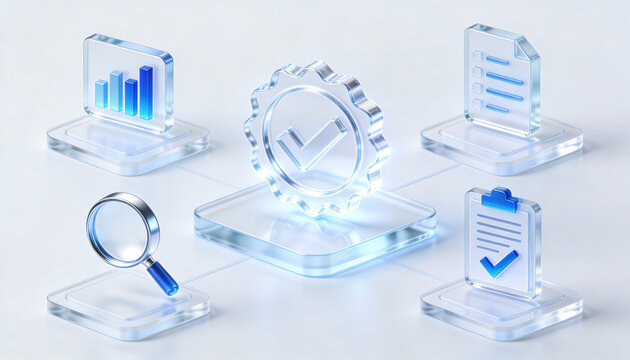 glass 3d icon set for quality assurance and business certification showing seal of approval with data analysis chart checklist and magnifying glass for compliance and audit results