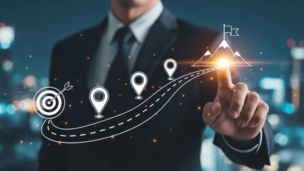 Business and Project Roadmap Concept. Touching on virtual screen with roadmap overlay representing steps in a project or strategic planning process. Waypoint icons and ends with goal achievement.