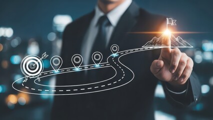 Business and Project Roadmap Concept. Touching on virtual screen with roadmap overlay representing steps in a project or strategic planning process. Waypoint icons and ends with goal achievement.